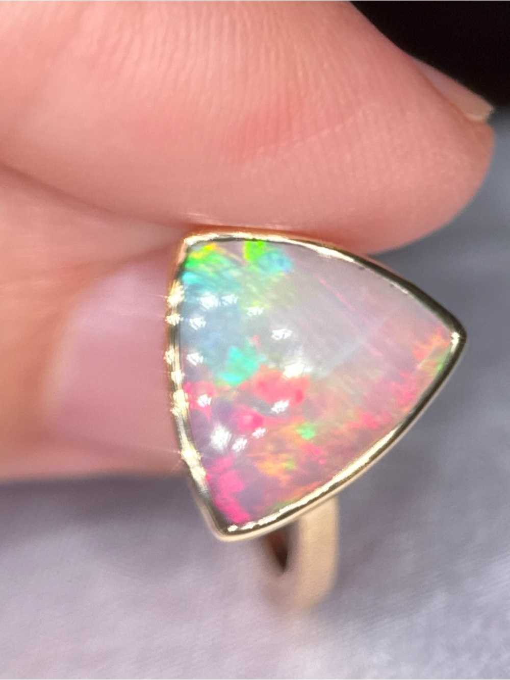 14k Gold Australian Opal Triangle Ring — Multi-Color Opal Accent - Picture 17 of 17